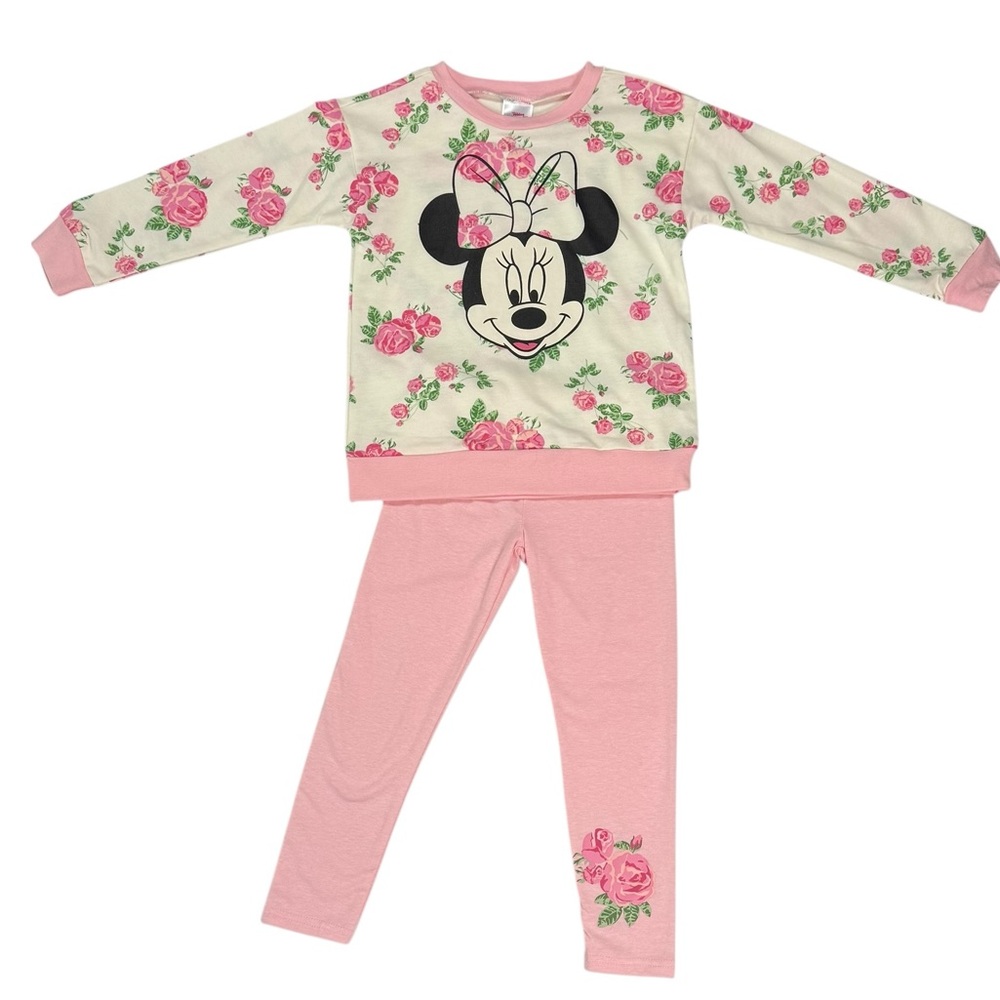 Disney Minnie Mouse Girls 6 Cream and Pink Floral Sweatshirt Legging 2pc Set NWT